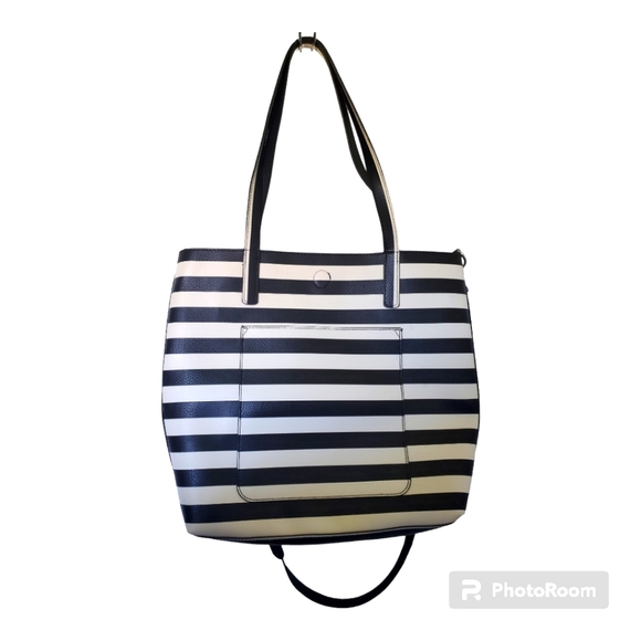 Black and White Striped Tote with Crossbody Strap - Picture 1 of 8